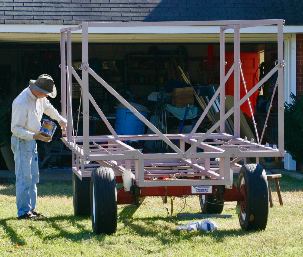 Bernie building Pioneer wagon