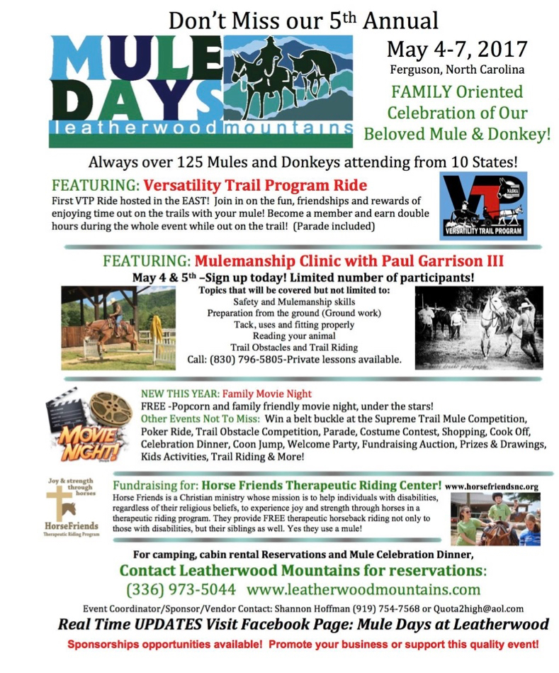 2017 Leatherwood Mule Days schedule. Events, like Lost Sea Expedition wagon tours, are being added to this document 
