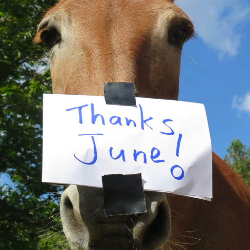 Mule Polly thank you note on her nose.